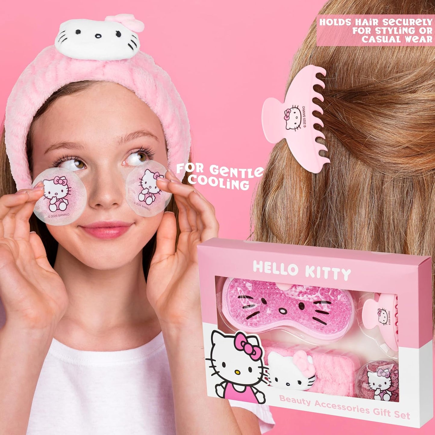 Hello Kitty Sanrio Beauty Set for Women, Teens with Cooling Gel Eye Mask, Plush Skincare Headband, Claw Clip, Eye Pads, Kawaii Gifts for Women (Pink Hello Kitty)