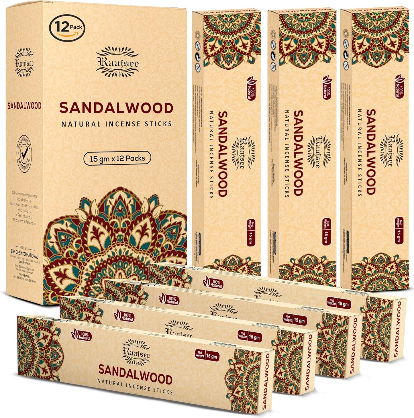 Raajsee Sandalwood Incense Sticks (180 gm), 100% Pure Organic Natural Hand Rolled Free from Chemicals - Sandalwood Incense Perfect for Aromatherapy, Cleansing, Meditation, and Church (Pack of 12)
