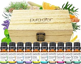 PURA D'OR Organic Perfect10 Essential Oils Set - 10x 10mL Wood Box Aromatherapy Gift Set - 100% Pure Therapeutic Grade for Relaxation and Wellness (Lavender, Peppermint, Eucalyptus, Tea Tree & More)