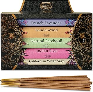 Raajsee Incense Sticks Multipack 15 Sticks x 5 Pack -100% Pure Organic Natural Assorted insense Stick - Hand Rolled Free from Chemicals -Perfect for Church Aromatherapy, Sandalwood,White sage, Rose