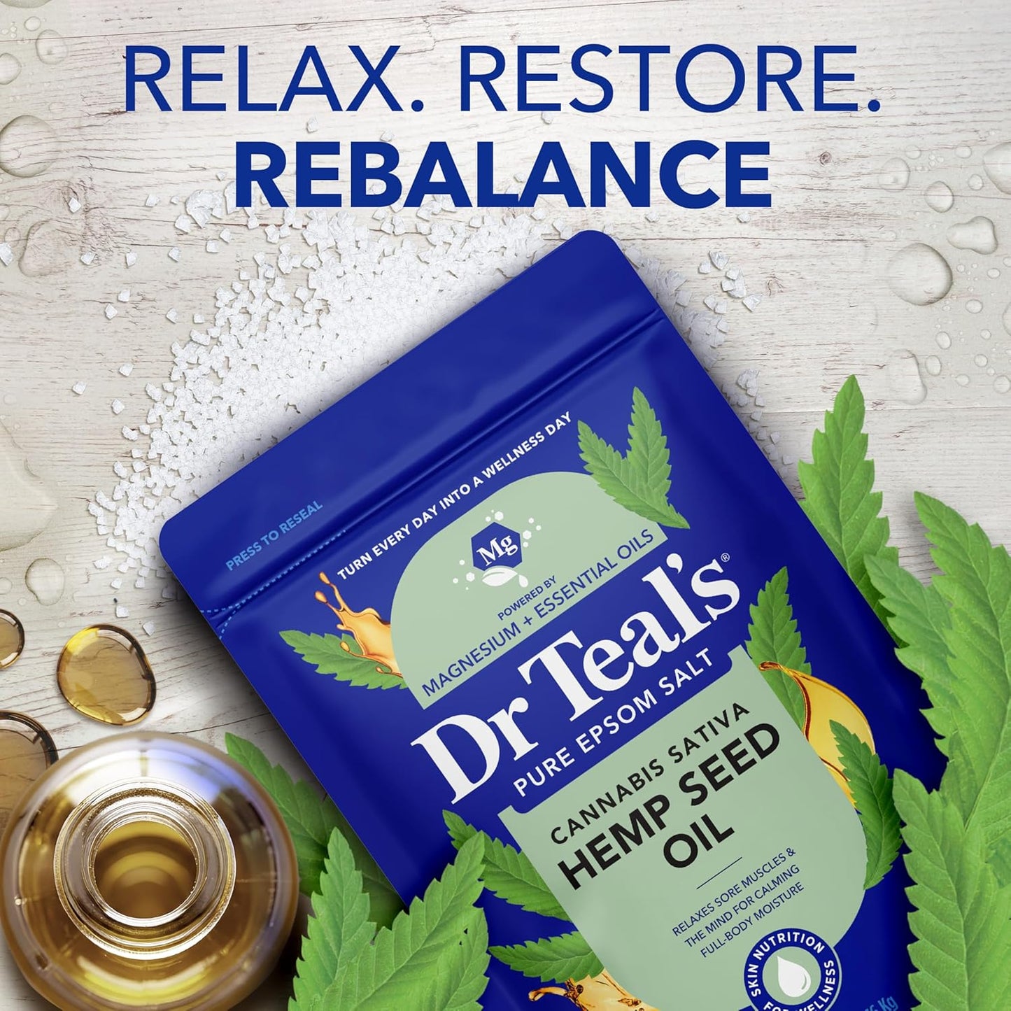 Dr Teal's Pure Epsom Magnesium Salt Soak, Cannabis Sativa Hemp Seed Oil, 3 lb
