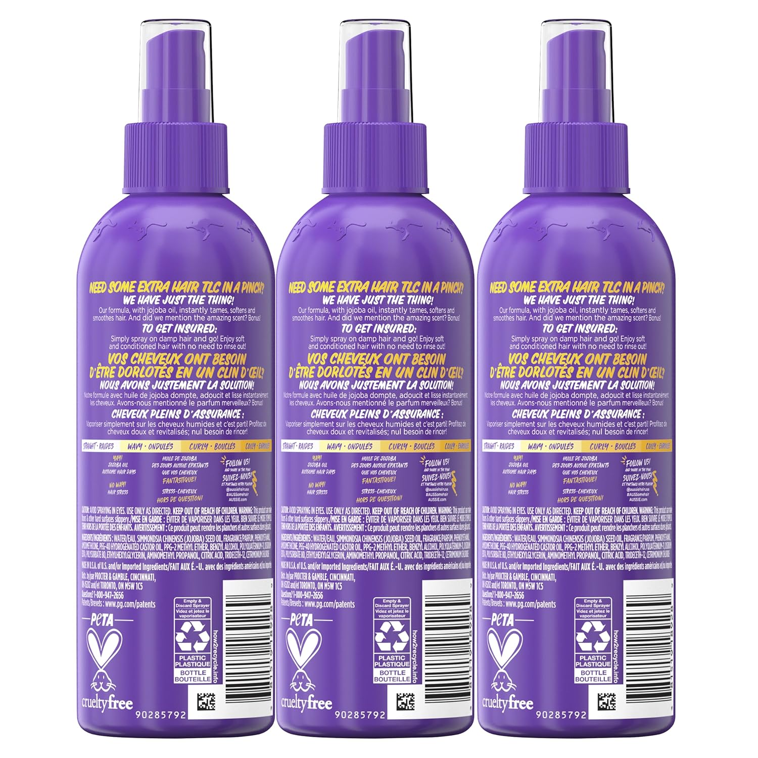 Aussie Hair Insurance Leave-In Conditioner Spray: Moisturizing Frizz Control & Detangler with Jojoba Oil (8 Fl Oz Each, 3-Pack)