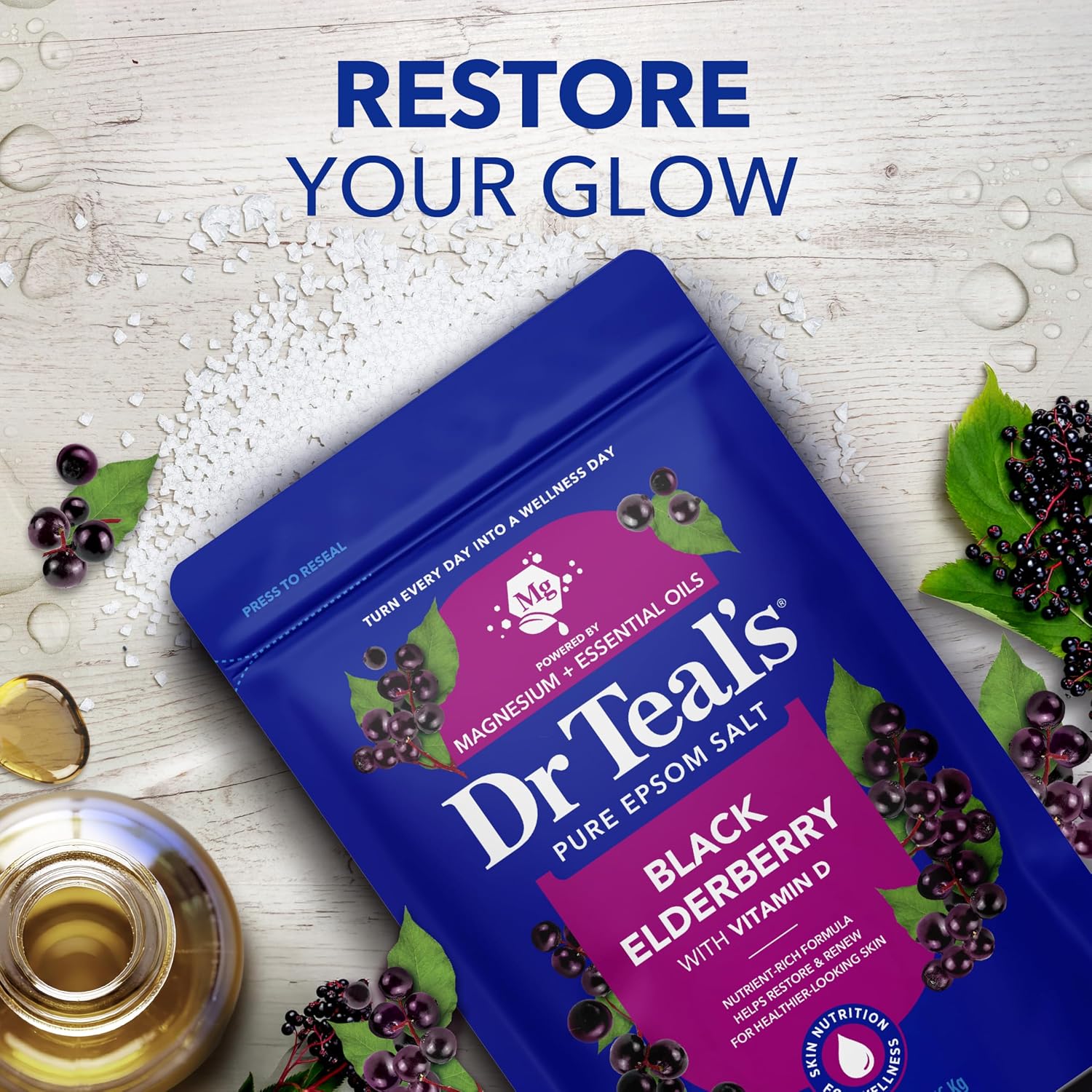 Dr Teal's Epsom Salt Magnesium Soak, Black Elderberry with Vitamin D, 3 lbs