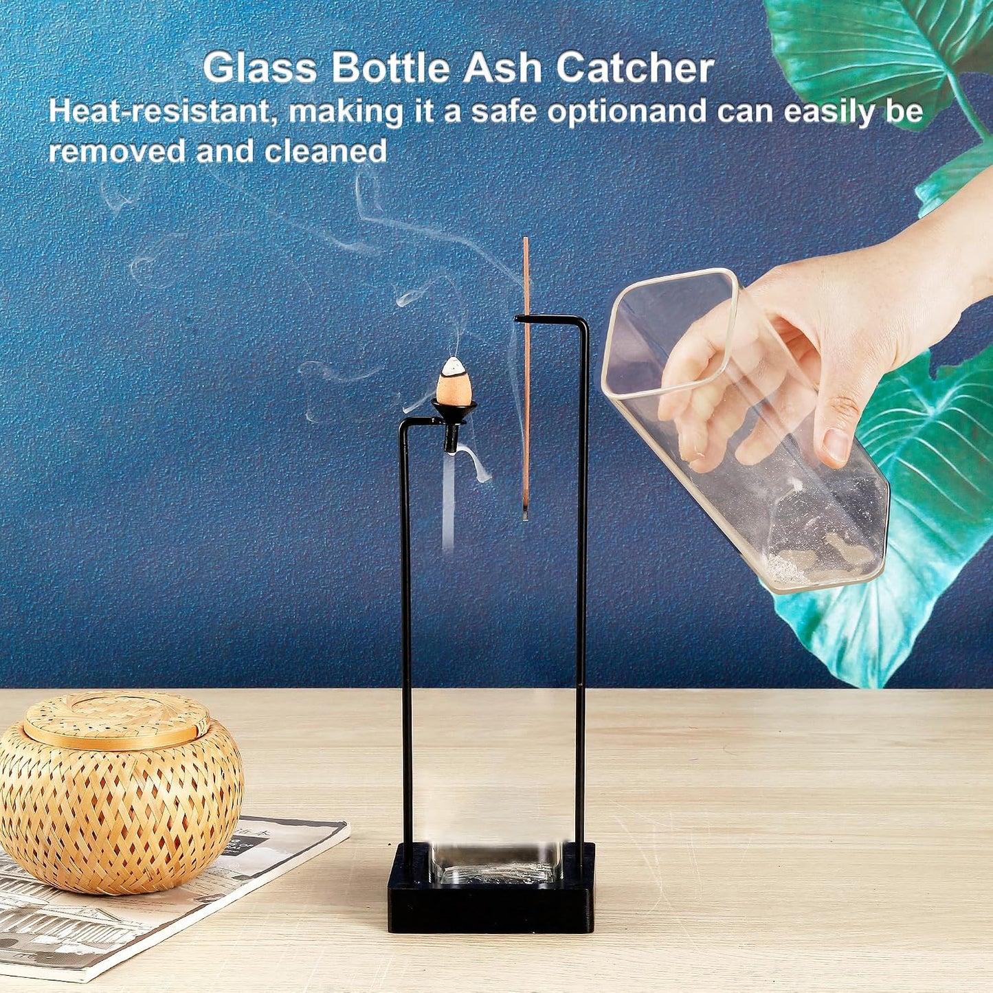Incense Holder for Sticks and Incense Burner for Cone Incense Set, Upside Down Incense Burner with Removable Glass Ash Catcher Anti-Ash Flying Black