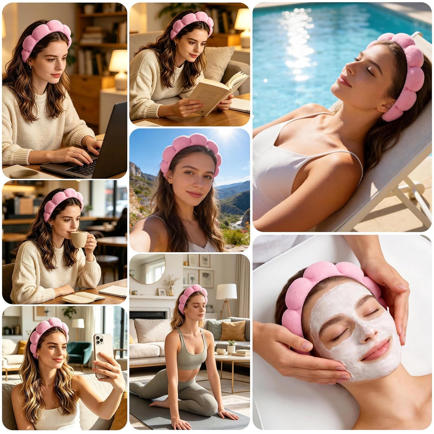 Real Perfection Spa Headband for Washing Face, Skincare Headband Wristband Set for Facial Mask Skin Care, Makeup Remover Towel Cloth Small Spray Bottle with Travel Makeup Bag Gifts for Women - Pink