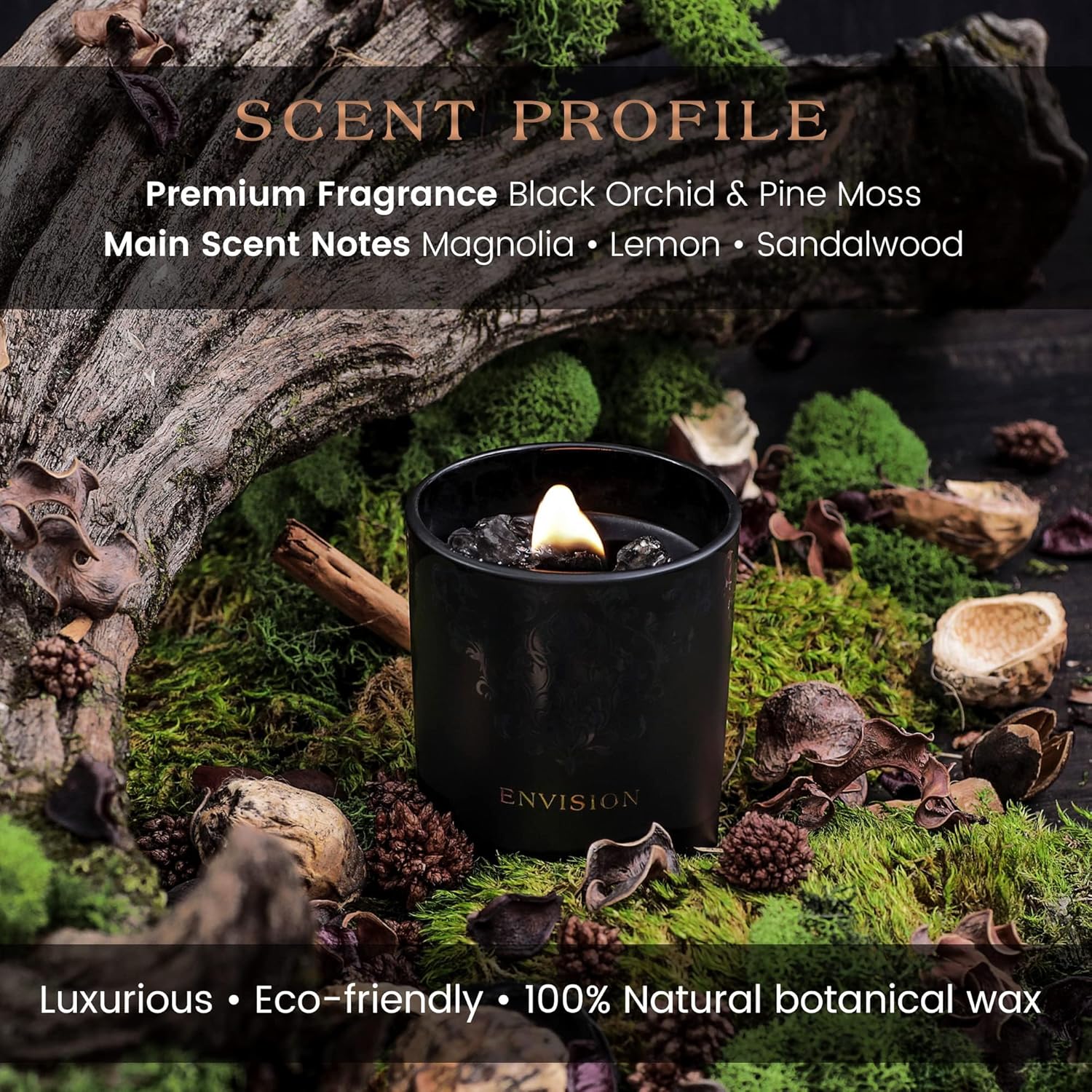 Black Orchid & Pine Moss Scented Crystal Candle - Luxury Manifestation Candle with Smoky Quartz and Clear Quartz Crystals - 7.4oz Natural Soy, Coconut & Beeswax, Wood Wick