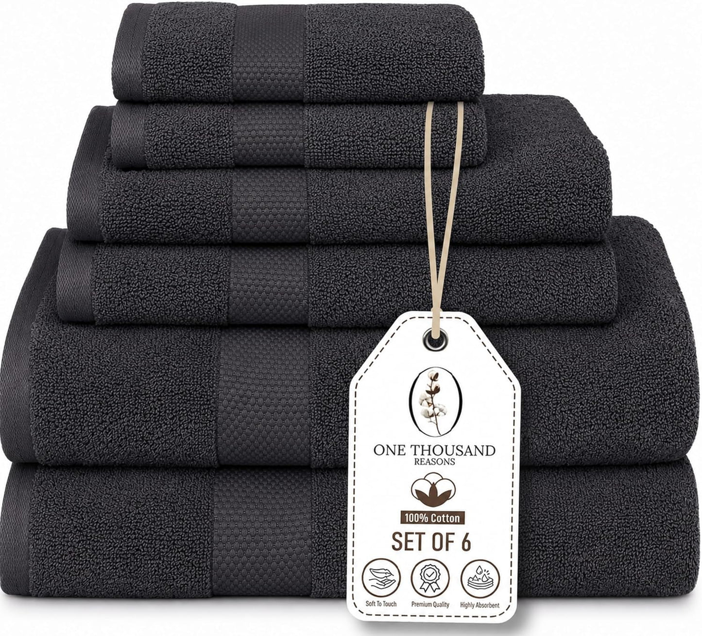 Premium Staple Cotton Bathroom Towel Set - Dark Gray 600 GSM 6-Piece Luxury Bath Towel Set 1 Stripe - 2 Bath Towels, 2 Hand Towels & 2 Washclothes Set - High Absorbent & Quick Dry for Gym, Spa, Hotel