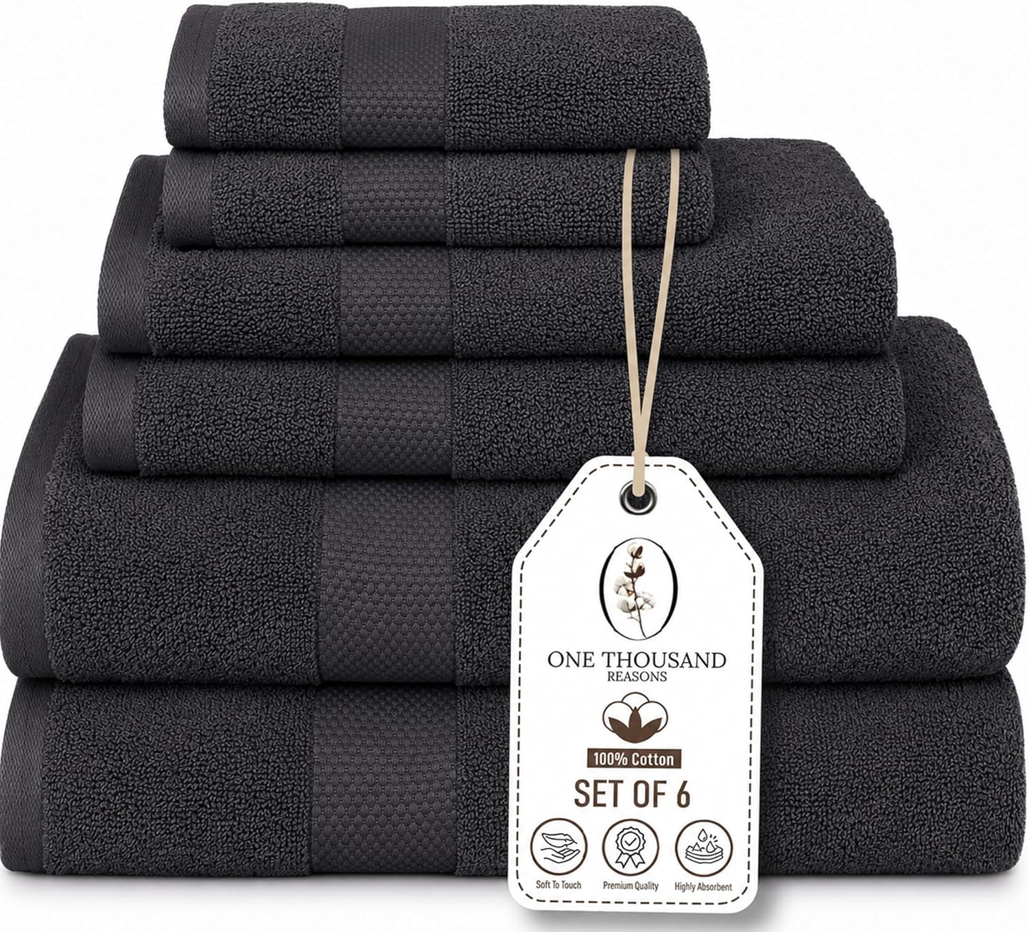 Premium Staple Cotton Bathroom Towel Set - Dark Gray 600 GSM 6-Piece Luxury Bath Towel Set 1 Stripe - 2 Bath Towels, 2 Hand Towels & 2 Washclothes Set - High Absorbent & Quick Dry for Gym, Spa, Hotel