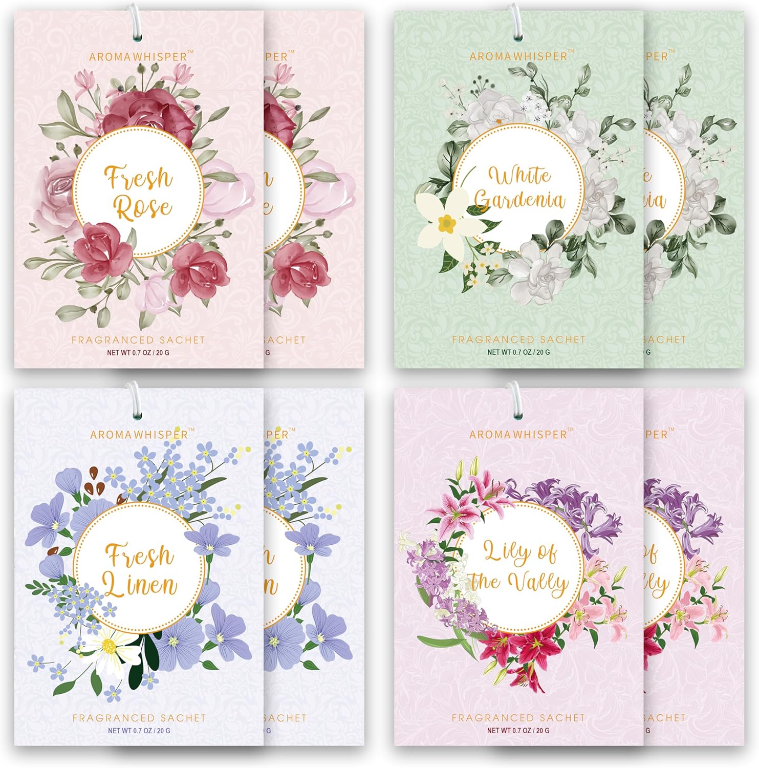 4 Scents Large Scented Sachets - 8 Pack, Long-Lasting Home Fragrance Sachet Bags, Extra Large Fresh-Scented Packets, Sachets for Drawer and Closet (Rose Gardenia Linen Lily)