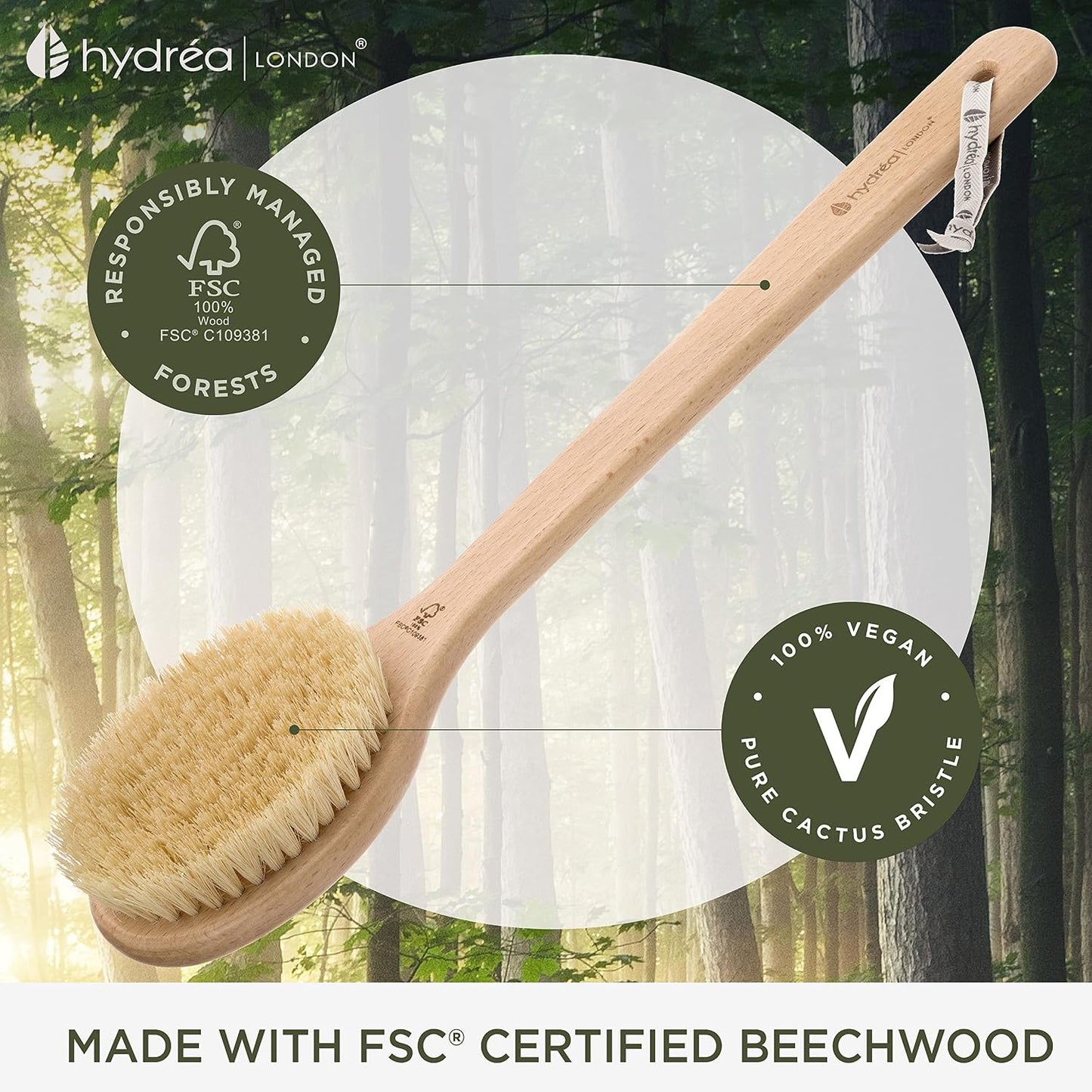 Hydrea London Dry Body Brush Long Handled Exfoliating Skin Brush with Vegan Cactus Bristle, Dry Brush Cellulite Remover, Exfoliating Body Scrubber, Improve Lymphatic Drainage FSC® Certified Beechwood.