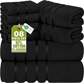 Utopia Towels 8 Piece Luxury Towel Set, 2 Bath, 2 Hand, and 4 Wash Cloths, 600 GSM Ring Spun Cotton, Highly Absorbent Viscose Stripe Towels, Ideal for Everyday use, Black
