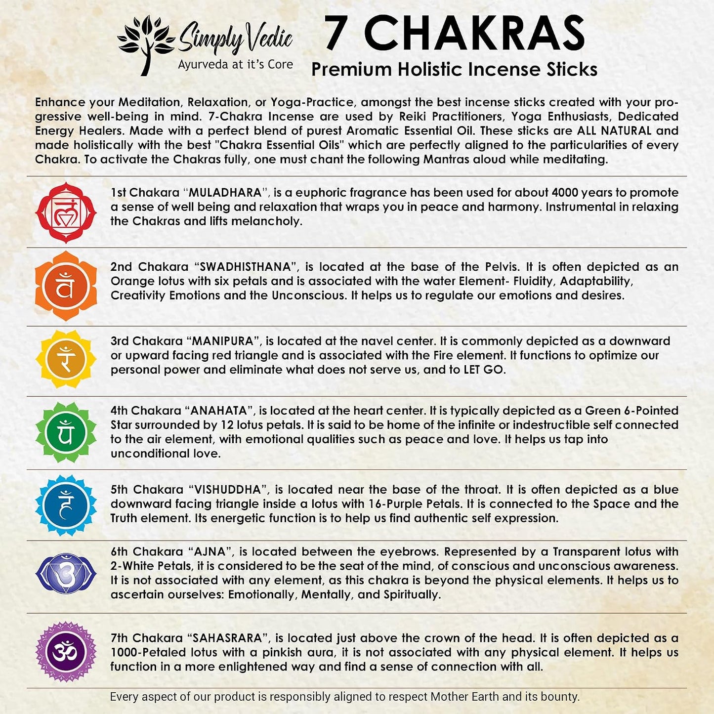Simply Vedic 7 Chakra Incense Sticks, Aromatic Bliss for Balance & Healing| Handcrafted 140 Sticks with Pure Natural Scents to Align Energy Centers, Aromatherapy, Meditation, Yoga, Promote Relaxation
