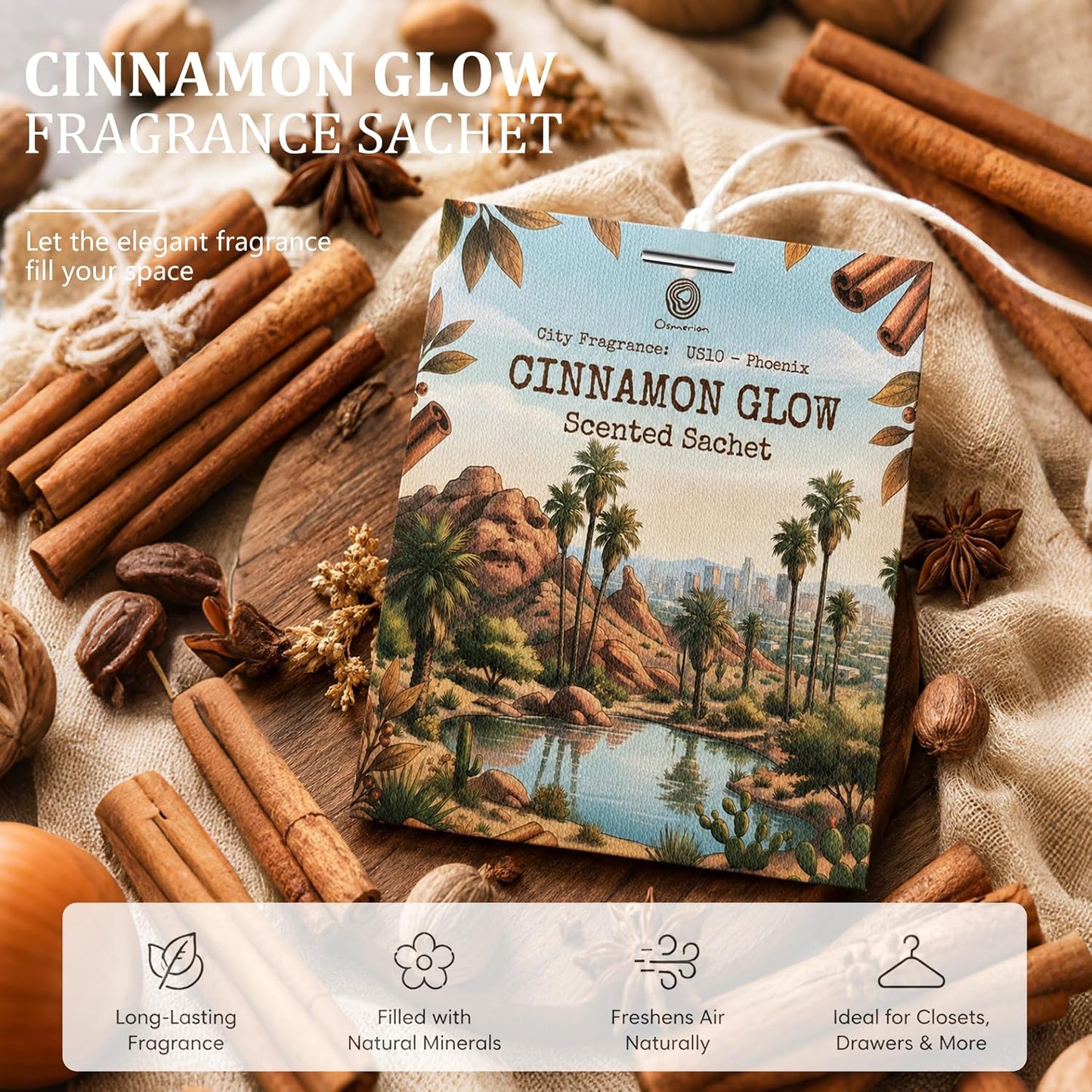 US10-Phoenix Cinnamon Glow Sachets for Drawers, Closets & Cars, 12 Pack | Car Air Freshener sachets with Phoenix Cinnamon Glow scent. Freshens closets, drawers, cars and small spaces.