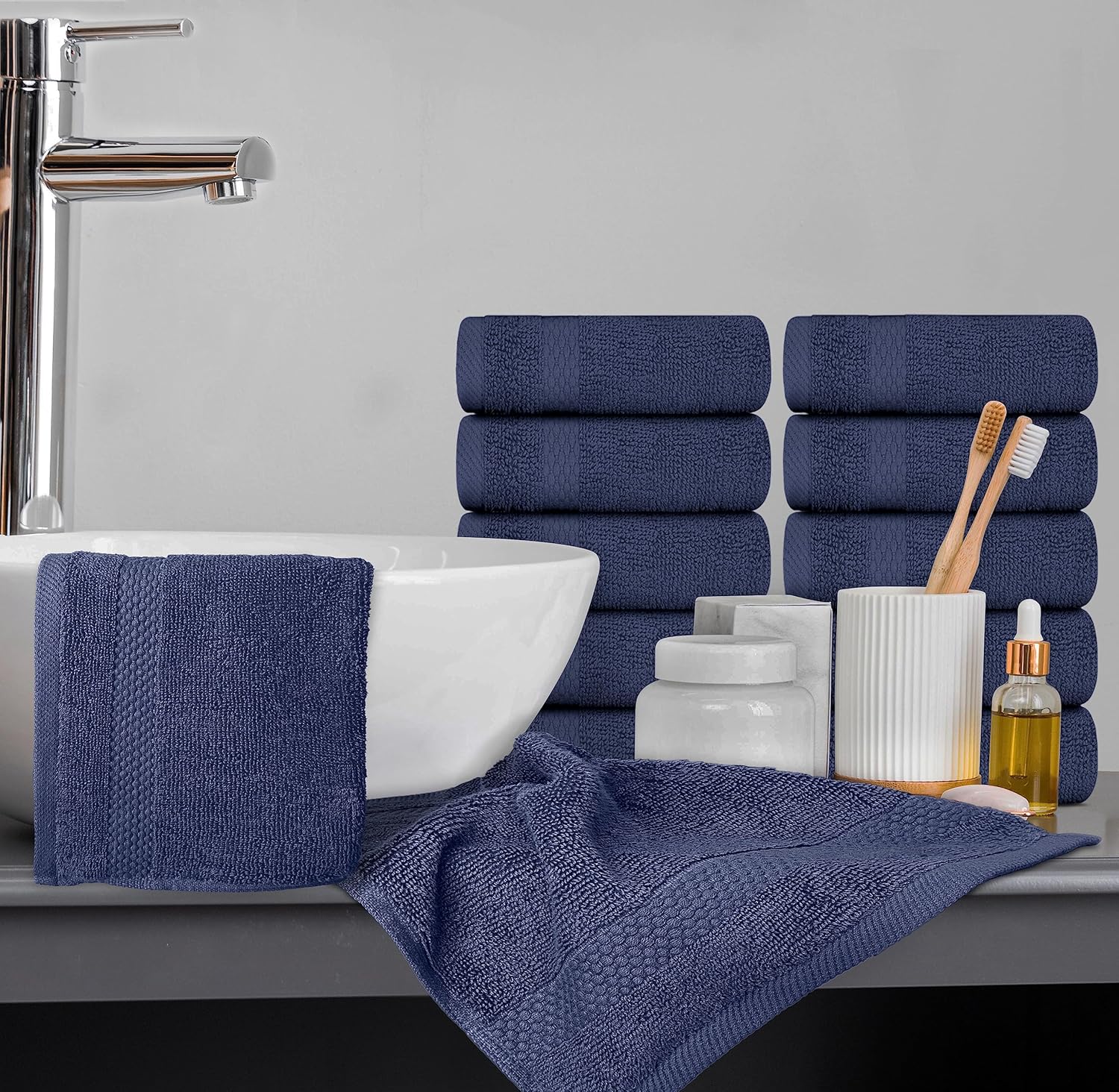 White Classic Luxury Cotton Washcloths 13x13 Inch - 650 GSM Turkish Cotton | Hotel, Spa, Bathroom Face Towel | 12 Pack, Navy Blue