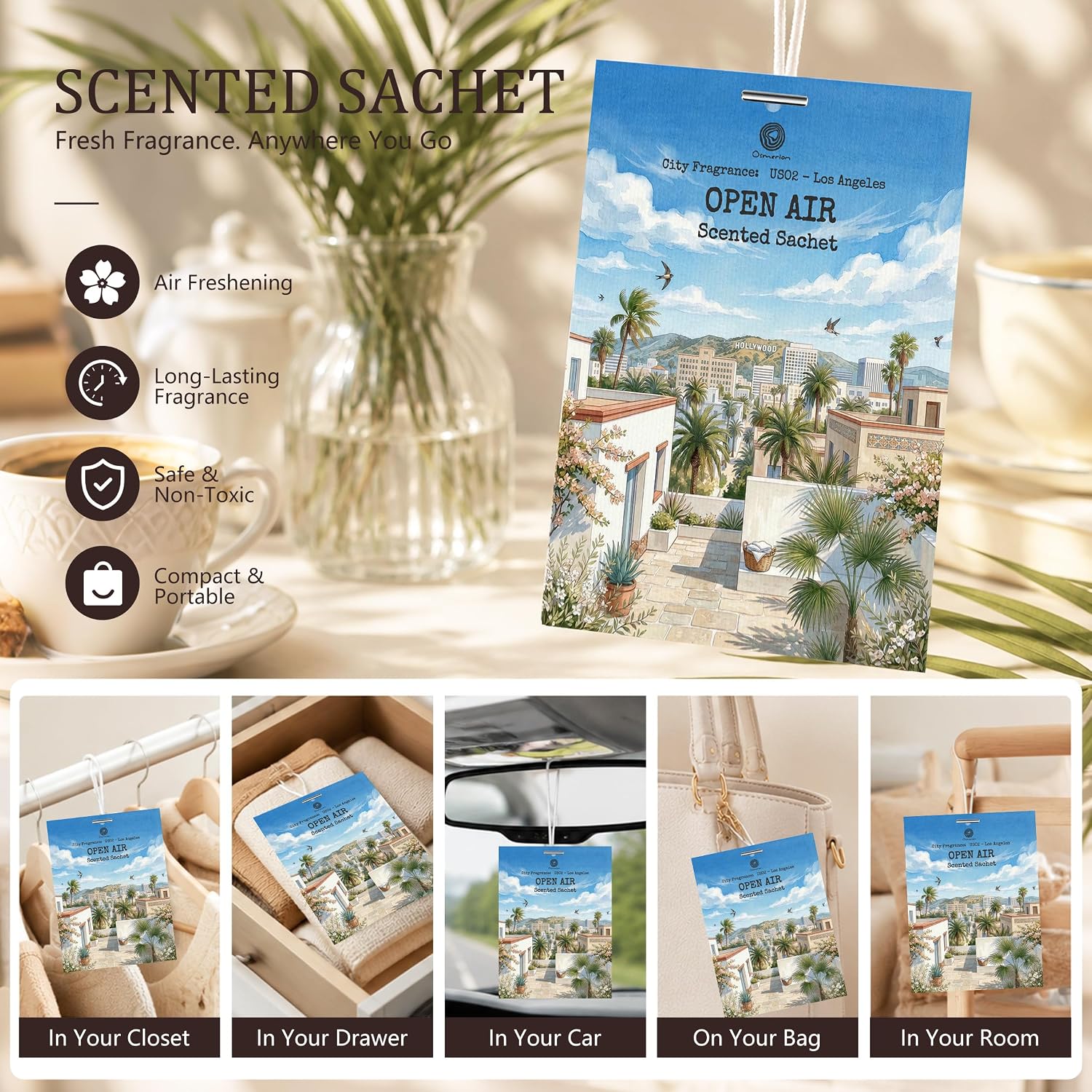 US02-Los Angeles Open Air Scented Sachets for Closets, Drawers & Cars, 12 Pack