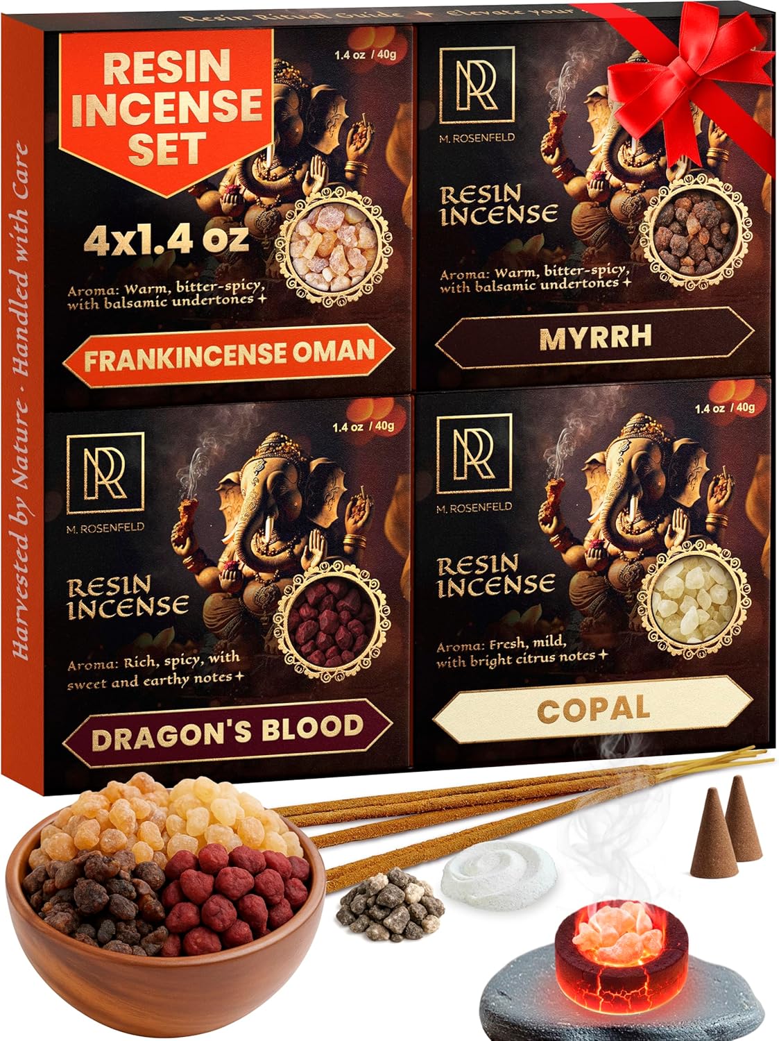Premium Resin Incense Set - Aromatic Tree Gum Sap - Includes Frankincense, Myrrh, Dragon Blood, & Copal - Natural & Pure Aromatics for Spiritual, Meditation & Home Fragrance - 4 x 40g
