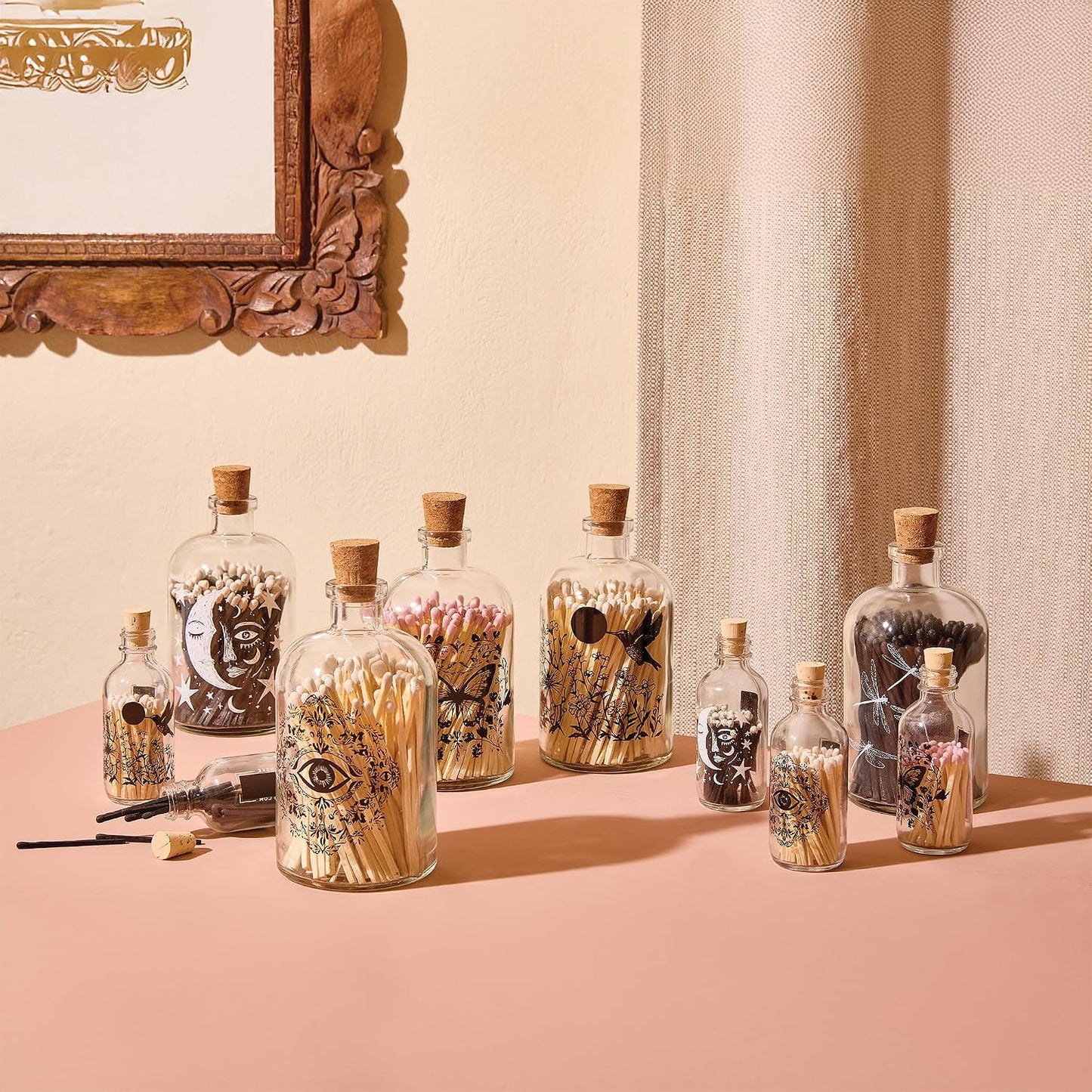 Skeem Celestial Apothecary Match Bottle - Decorative Black Matches in a Bottle with Striker - Celestial Cosmic Home Décor, Romantic Moon & Stars Theme