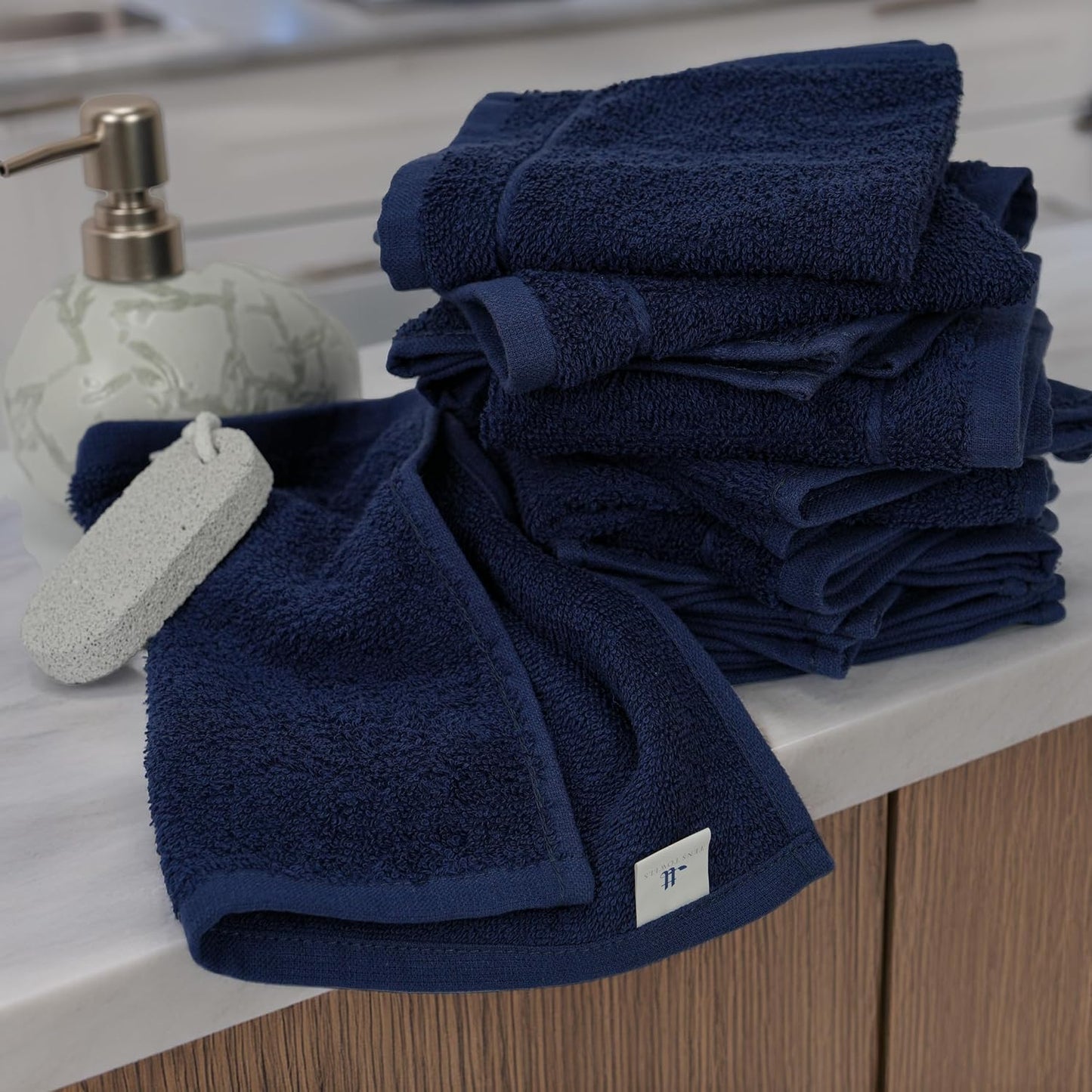 Tens Towels Pack of 60 Washcloths, 12 x 12 Inches, Lighter Weight, Quick to Dry, Super Soft & Absorbent, Gentle Face Towels, Hotel Quality, Perfect for Bathroom, Gym, Spa (Navy, 60 Pack)