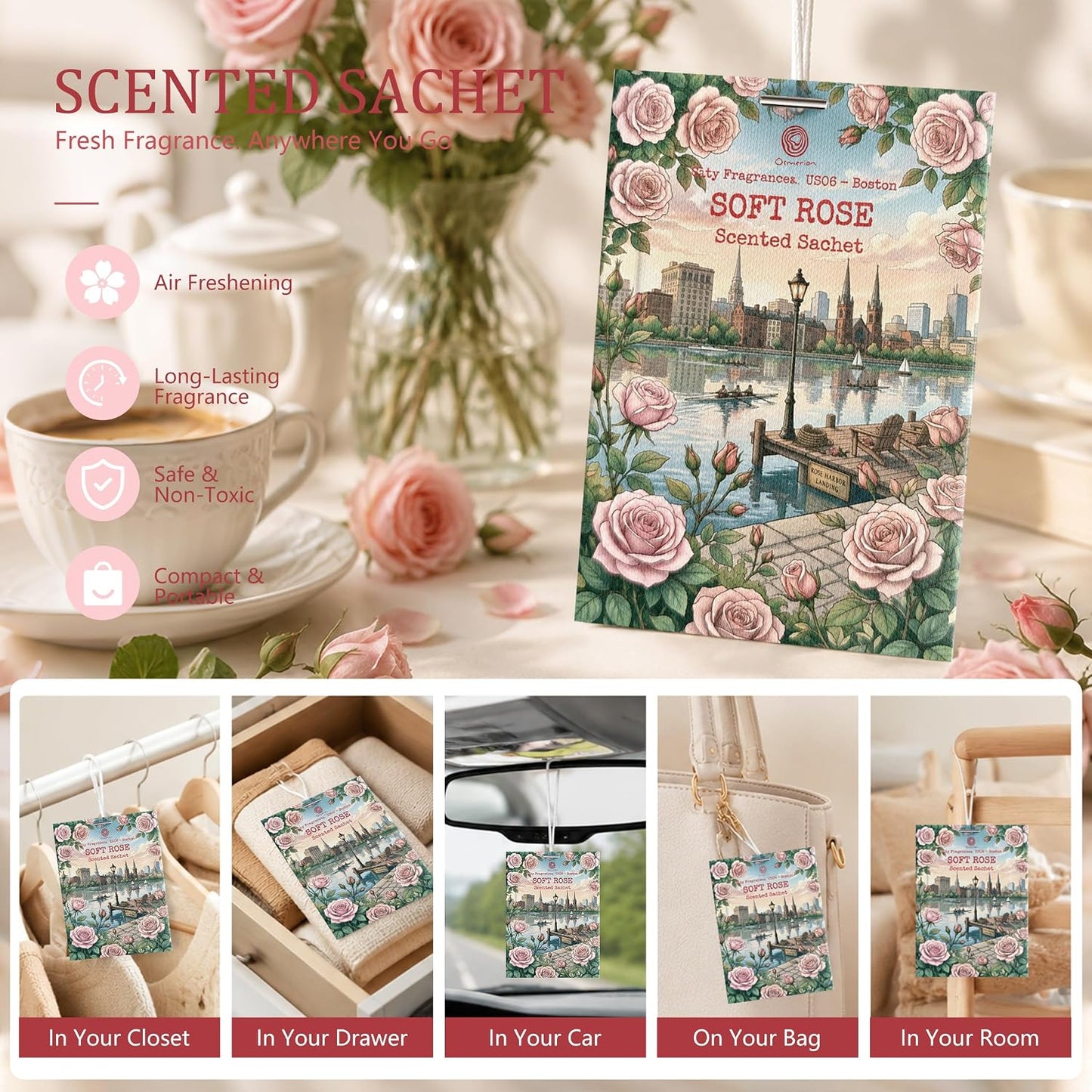 US06-Boston Soft Rose Sachets for Drawers, Closets & Cars, 12 Pack | Car Air Freshener sachets with Boston Soft Rose scent. Freshens closets, drawers, cars and small spaces.