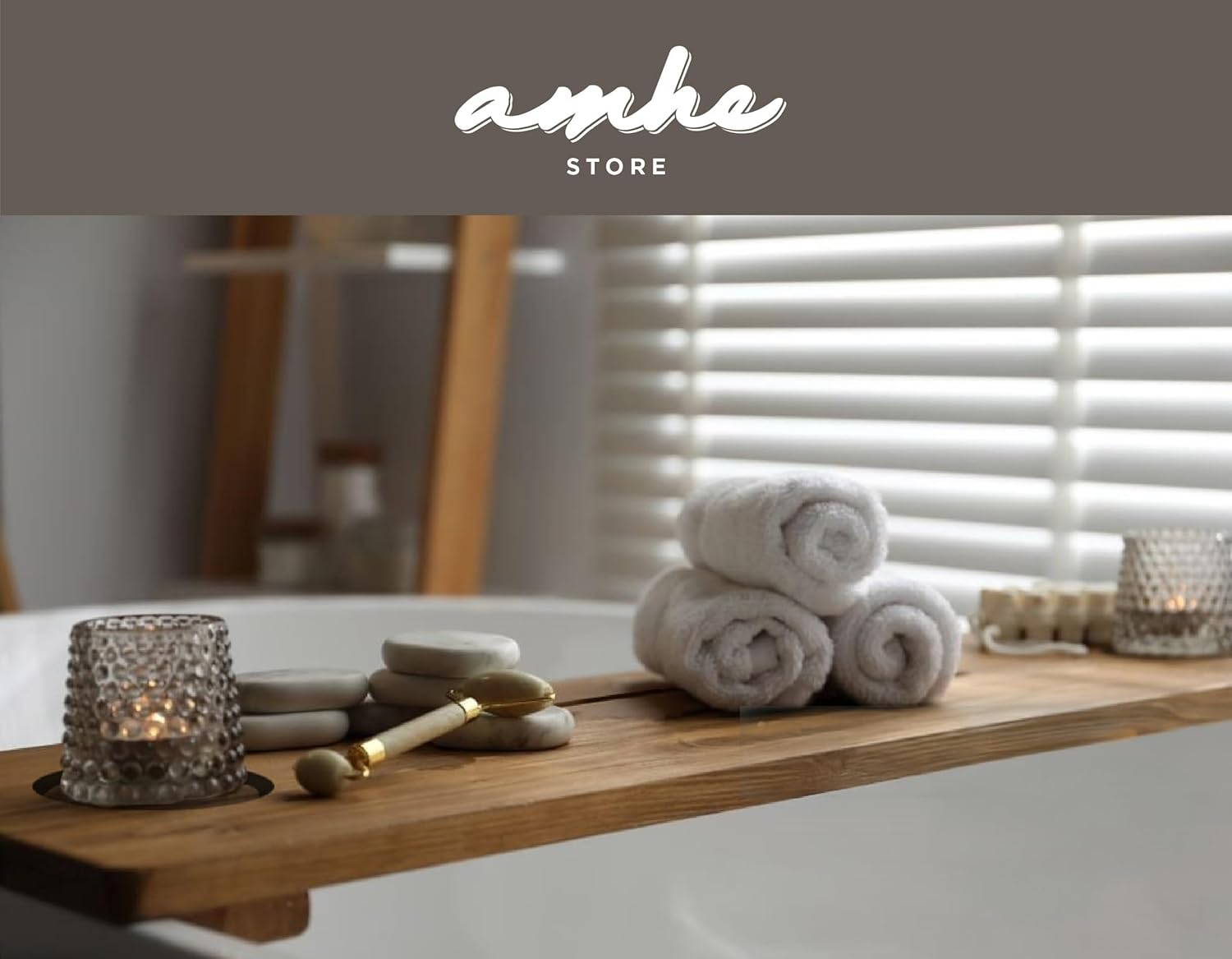 Amhe Store! Luxury Rustic Acacia Wood. Durable, Water-Resistant, Minimalistic, Adjustable 35x9 Inches. Lovely Gift - Box. Bath Tub Tray Wood - Bath Tray for Tub. Unique Natural Grain for Relaxation