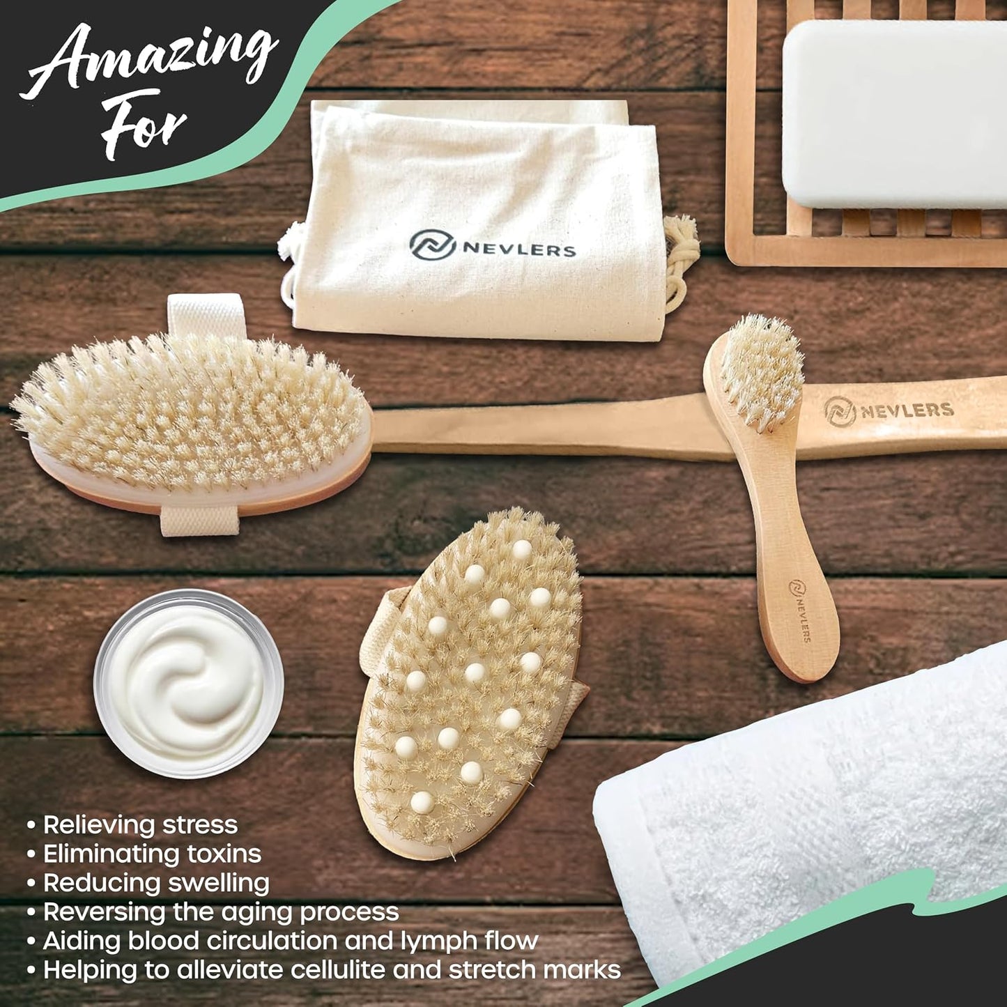 Nevlers Natural Boar Bristle Dry Brushing Body Brush 4-Piece Set | Brush Kit for Exfoliating, Lymphatic Drainage & Circulation | Body Brush, Face Brush, Long-Handled Back Brush + Storage Bag