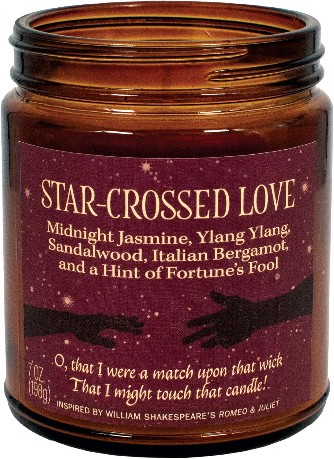 The Unemployed Philosophers Guild Star-Crossed Love Scented Candle - Hand-Poured in the USA, Soy Wax Blend, 30 Hour Burn Time, 7 oz Glass Jar, Romeo and Juliet Themed