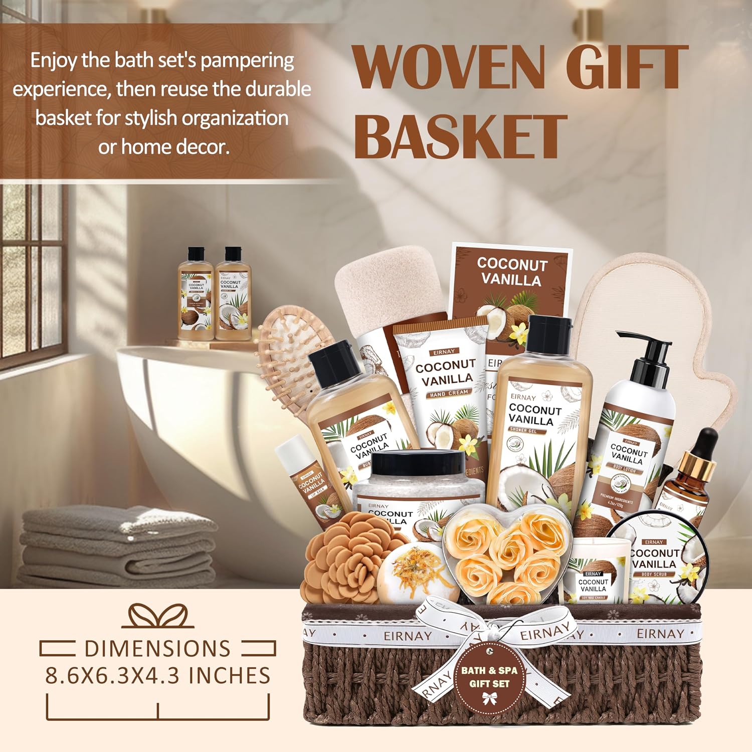 Gifts For Women - 16 PCS Birthday Gift Basket for Women Set of Coconut Vanilla Self Pampering Set, Includes Luxurious Home Spa Shower Gel Bubble Bath
