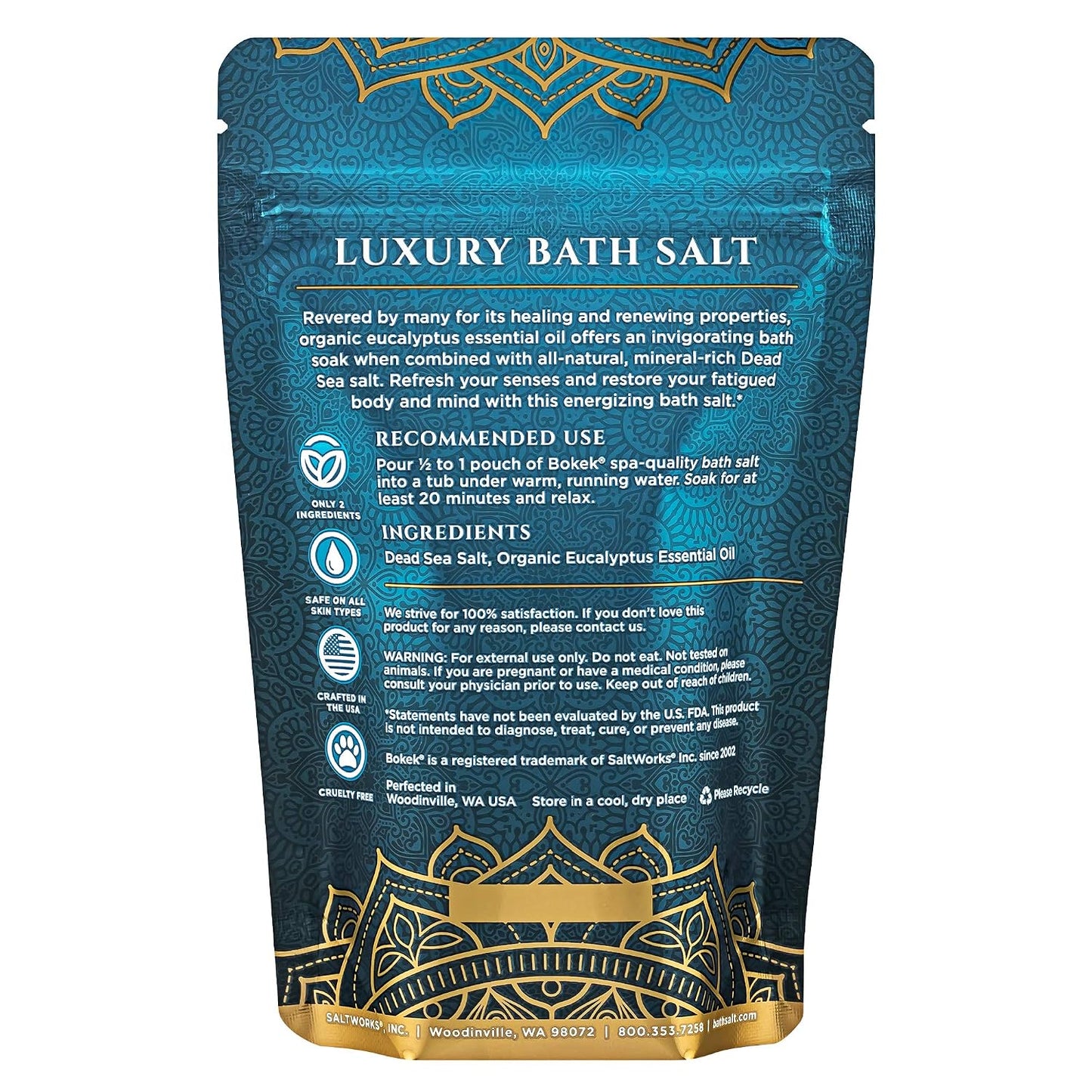 Bokek Organic Eucalyptus Bath Salt, Dead Sea Salt Scented with Certified Organic Essential Oil, 8 Ounce Resealable Pouch