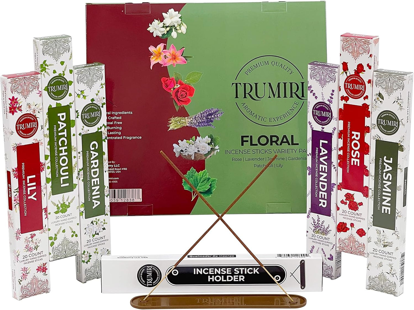 Floral Incense Sticks Variety Pack - 120 Insence-Sticks (6 Incents x 20 Insense) - Rose Lavender Jasmine Patchouli Gardenia Lily - Natural Inscents-Sticks Non Toxic Incienso with Stick Incense Holder