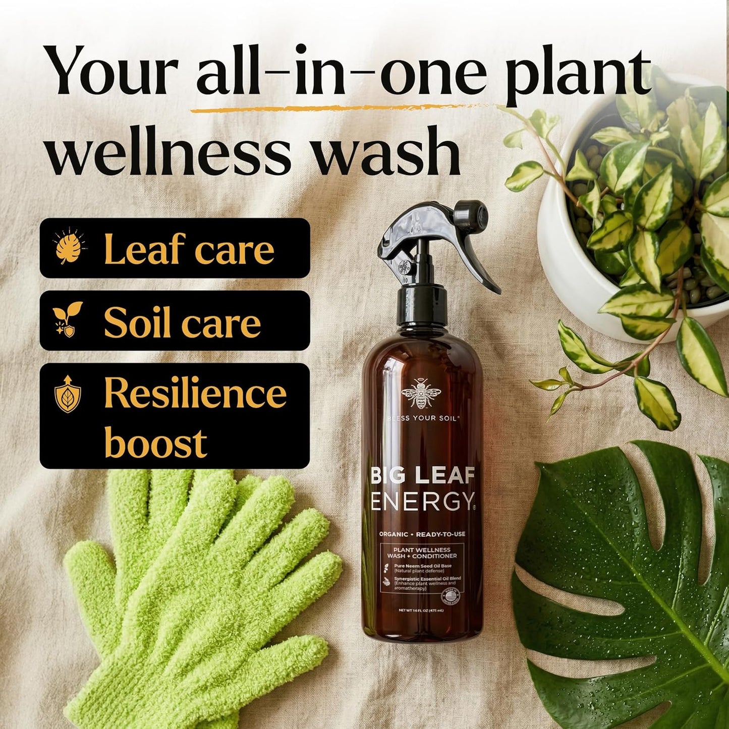 Neem Oil Spray for Plants – Big Leaf Energy + Essential Oils – Ready to Use Organic Plant Wash to Protect Outdoor & Indoor Plants, Made in USA (16 fl oz)