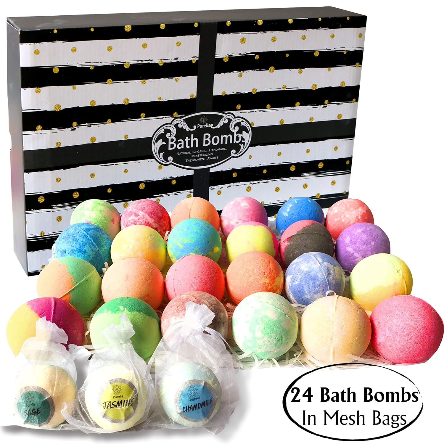 Aromatherapy Bath Bomb Gift Set.24 Individually Wrapped Bath Bombs in Gorgeous Mesh Bags. Luxury Bath Bombs Set Ready to Gift as Party Favors, Wedding Favors etc. 24 Bath Balls Fizzers