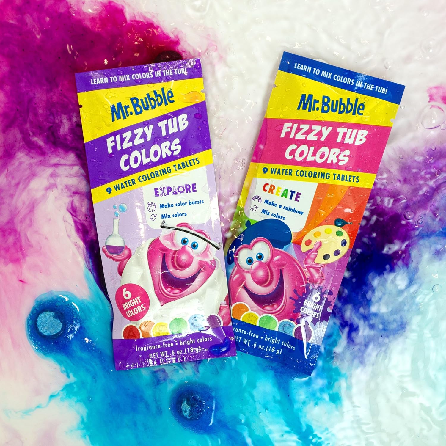 Mr. Bubble Fizzy Tub Colors Bath Water Coloring Tabelets, 6 Bright Colors, Red, Orange, Yellow, Purple, Blue and Green, Fragrance Free (12 Packets, 9 Tablets Each)