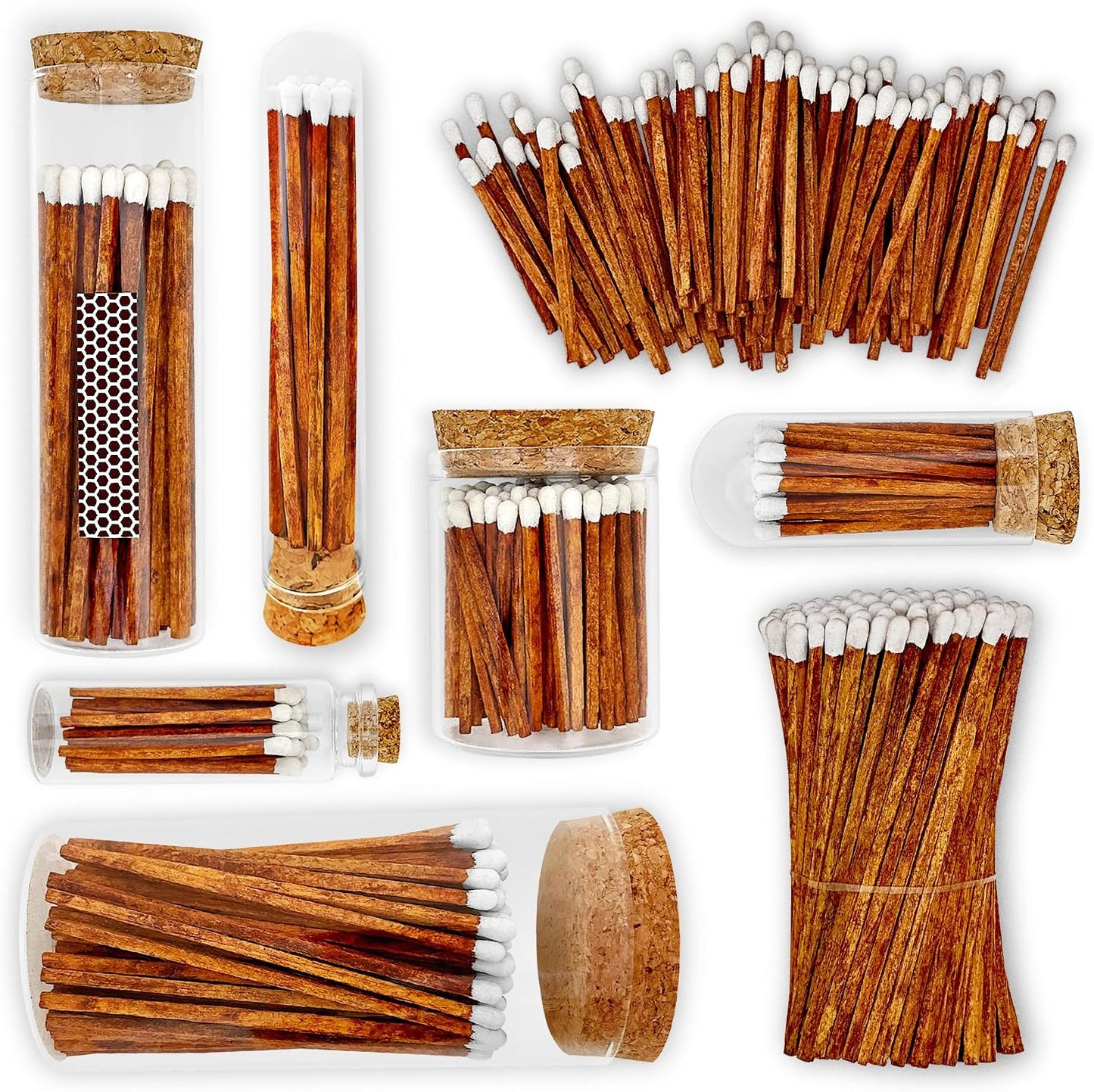 Decorative Matches in Mini Match Cloche Glass Jar Set | 4" Carrot Cake Long Matches (100 Match Sticks) + 3 Cork Top Dome Glass Holders + Striker Stickers | by Thankful Greetings, USA