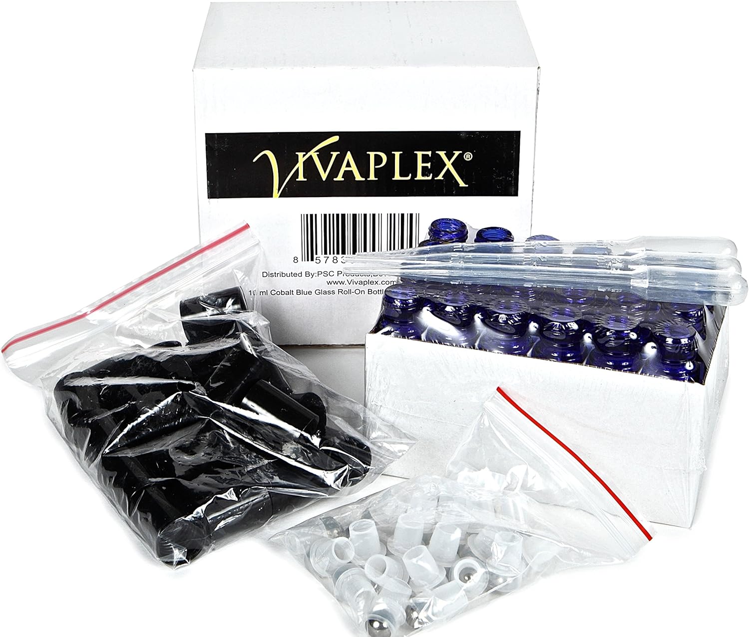 Vivaplex, 24, Cobalt Blue, 10 ml Glass Roll-on Bottles with Stainless Steel Roller Balls. 3-3 ml Droppers included