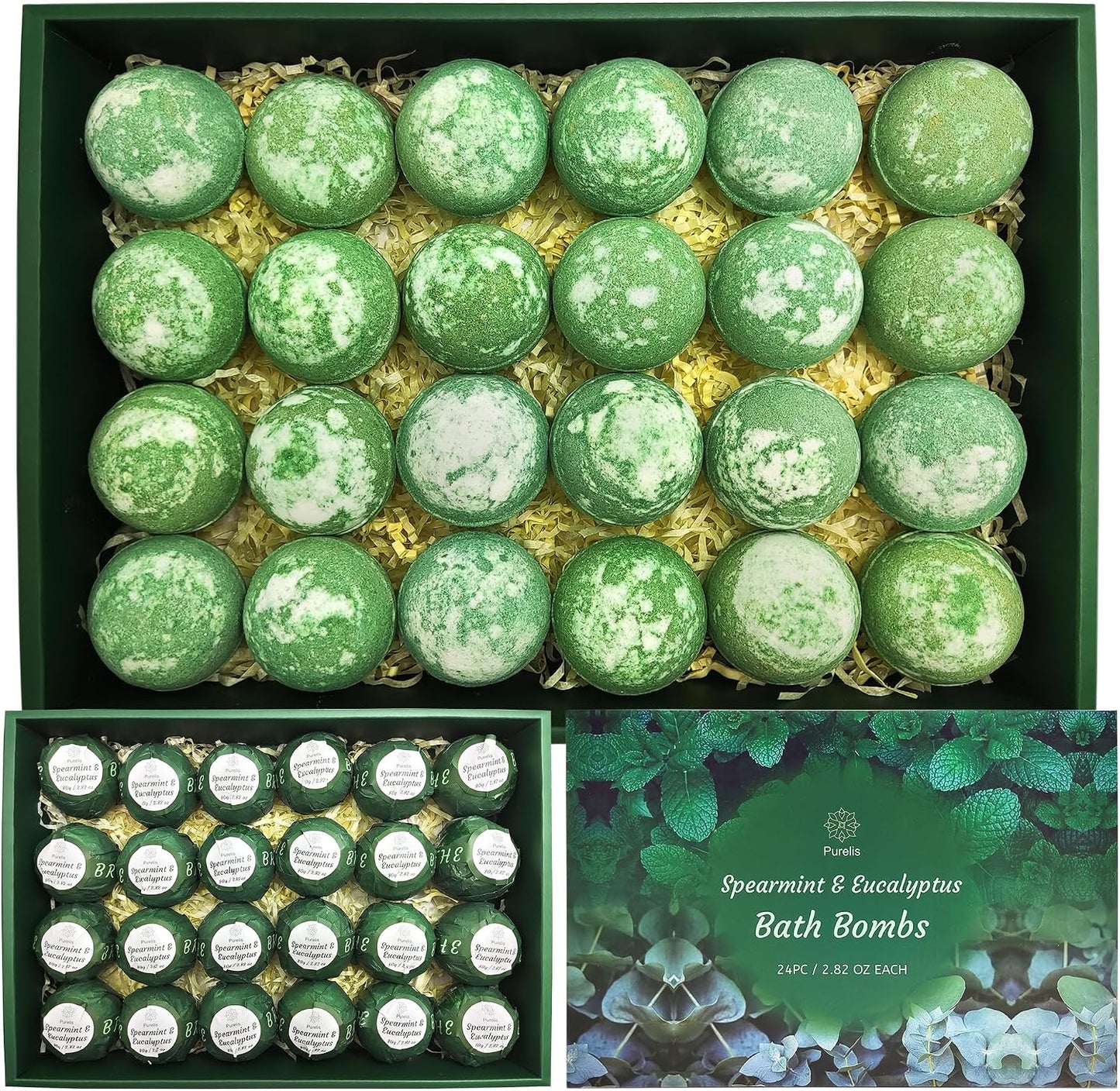 Purelis Handmade 24-Pack Spearmint & Eucalyptus Bath Bombs - Natural Moisturizing Aromatherapy Bath Bombs for Men and Women