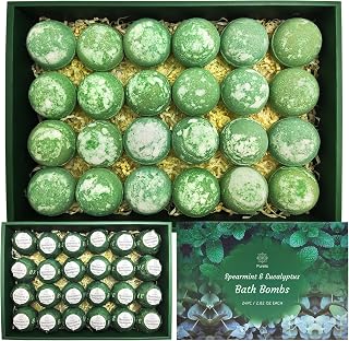 Purelis Handmade 24-Pack Spearmint & Eucalyptus Bath Bombs - Natural Moisturizing Aromatherapy Bath Bombs for Men and Women