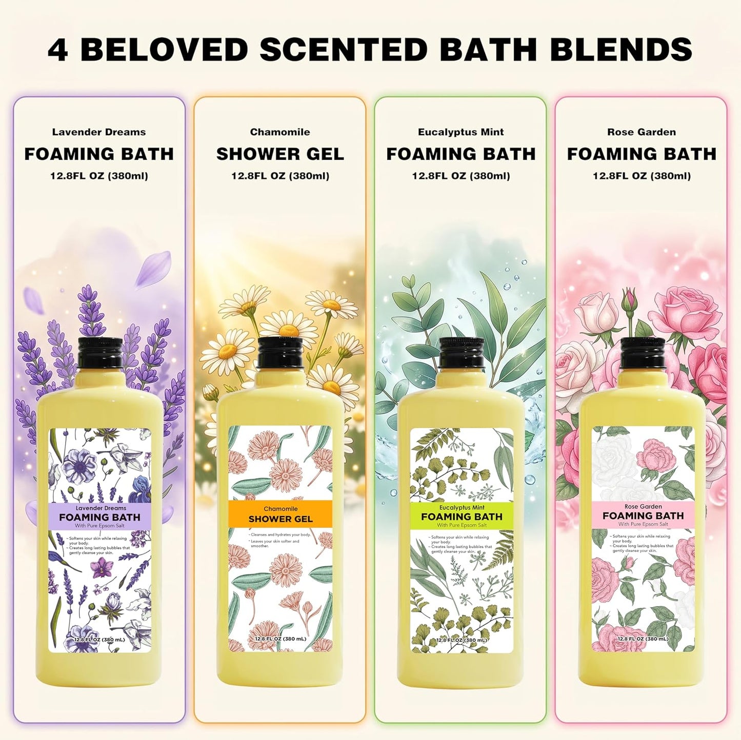 Serenity Sanctuary Bubble Bath for Women, Scented Gift Set for Adults, 51.2 fl oz (Pack of 4), with Shower Gel, Ladies Foaming Bath Variety, Mother's Day Gift for Mom, Christmas Gifts for Wife