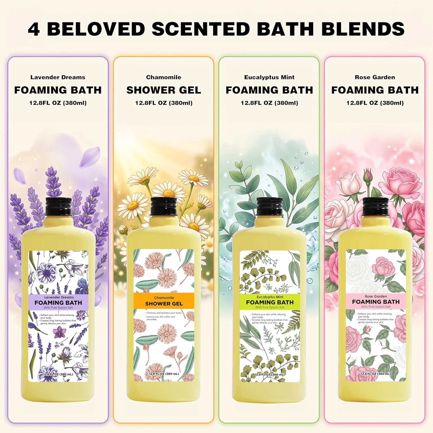 Serenity Sanctuary Bubble Bath for Women, Scented Gift Set for Adults, 51.2 fl oz (Pack of 4), with Shower Gel, Ladies Foaming Bath Variety, Mother's Day Gift for Mom, Christmas Gifts for Wife