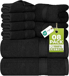 Utopia Towels 8 Piece Luxury Towel Set – Majestic Plush, Super Absorbent & Quicker-to-Dry, Thick 100% Ring Spun Cotton Towels for Bathroom, Spa & Hotel – 2 Bath, 2 Hand, 4 Washcloths, Black