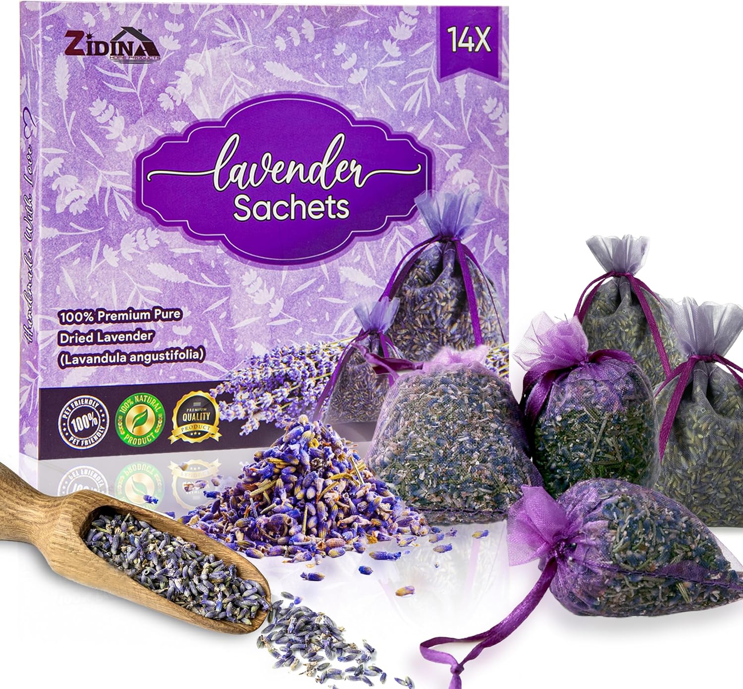 14 Pack Organic Lavender Sachet Bags for Drawers and Closets - Natural Fresh Dried Lavender French Potpourri Bags for Clothes Storage - Scented Sachets for Drawers, Wardrobes, Cars & Home