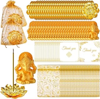 120 Pack Diwali Gifts Bulk with 30 Lotus Incense Holders, 30 Mini Golden Ganesha Ornaments, Organza Bags & Thank You Cards – Indian Return Gifts for Pooja, Festivals & Celebrations (Golden Set) (30)