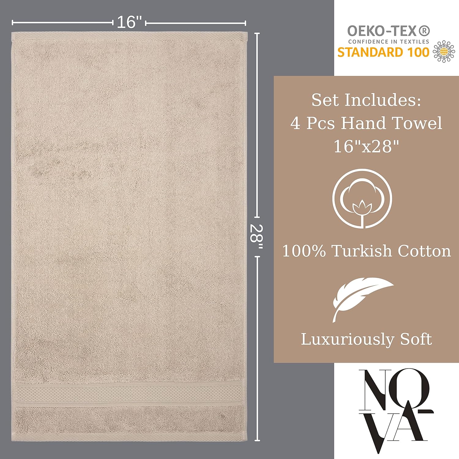 NOVA Luxury Linen - Hotel Quality Turkish Towel Set for Bathroom (4 Pcs Hand Towel Set, Warmsand Beige)