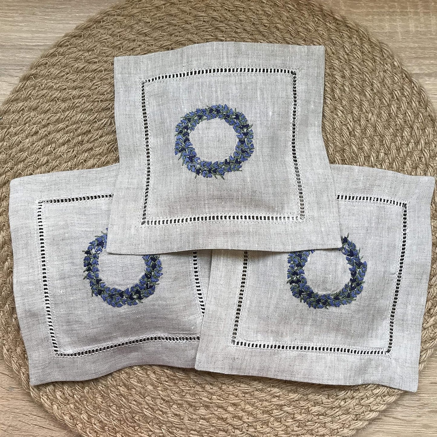 Hand Embroidered Lavender Pillow Sachet Bag “Lavender Crown” Natural Linen Cushion 6"x6", Set of 3