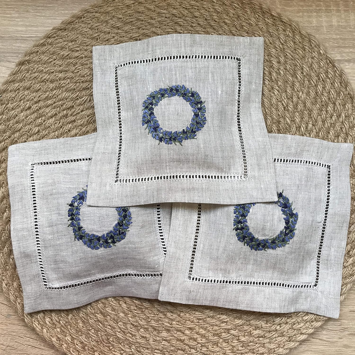 Hand Embroidered Lavender Pillow Sachet Bag “Lavender Crown” Natural Linen Cushion 6"x6", Set of 3