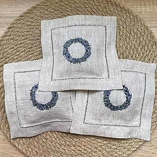 Hand Embroidered Lavender Pillow Sachet Bag “Lavender Crown” Natural Linen Cushion 6"x6", Set of 3