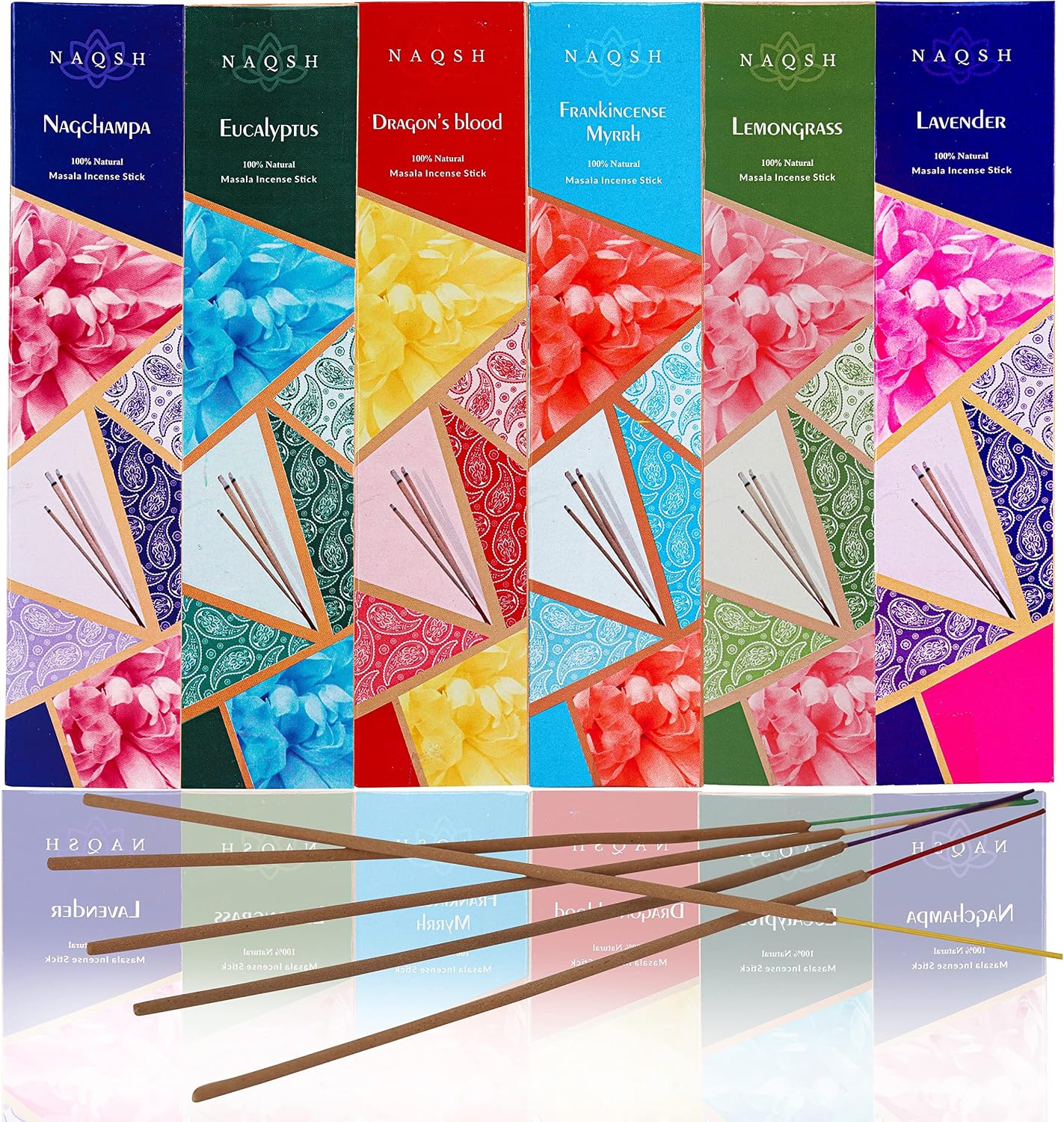 Naqsh Premium Hand Rolled Incense- Assorted 6x20 Mesmerizing Incense Sticks Including Lavender, Dragon's Blood, Frankincense Myrrh, Lemongrass, Eucalyptus, and Nagchampa
