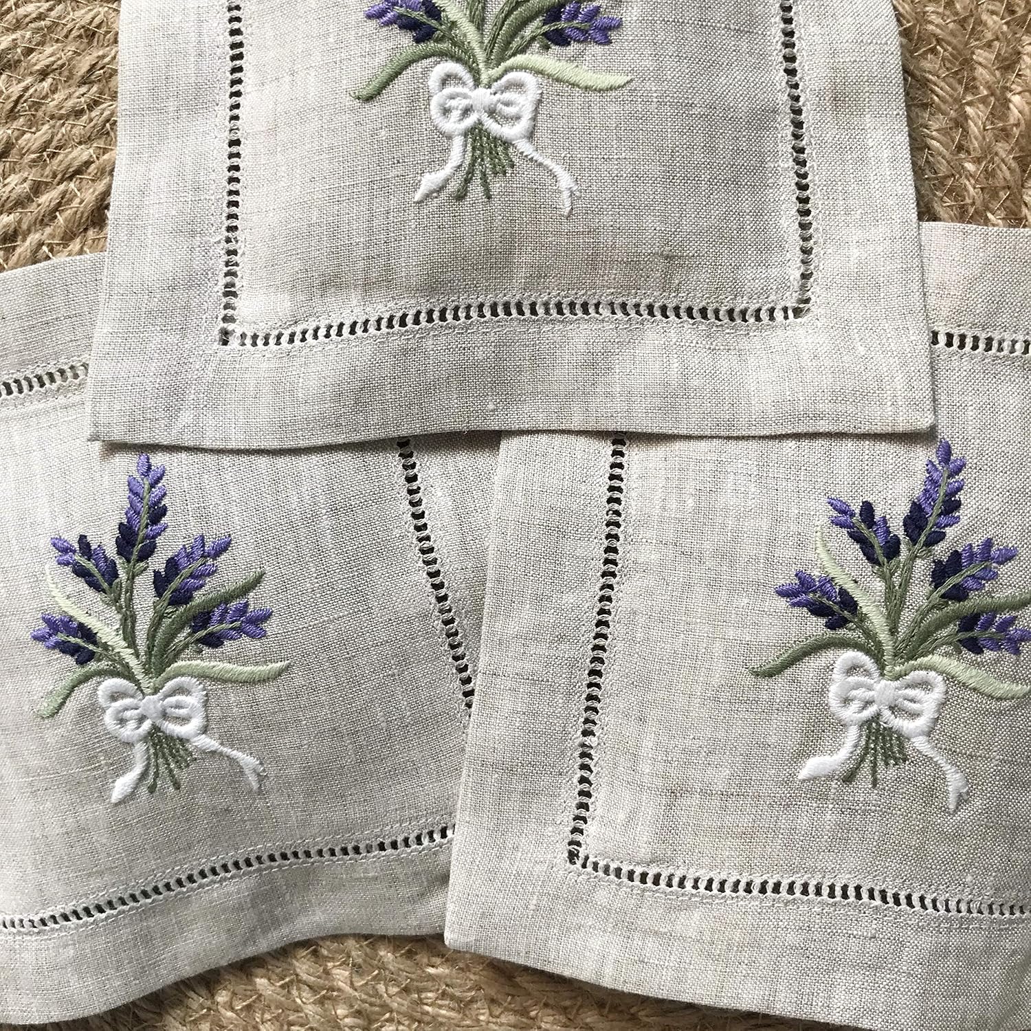 Hand Embroidered Lavender Sachet Bag Wheat Embroidery Natural Linen 6"x6", Set of 3