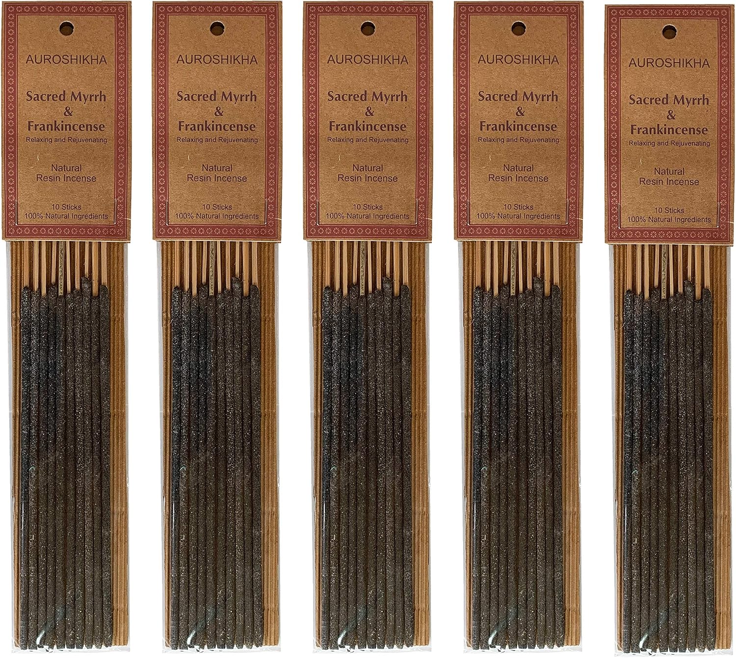 Auroshikha Natural Resin Frankincense Myrrh - Incense Sticks (5 Pack, Total 50 Sticks)