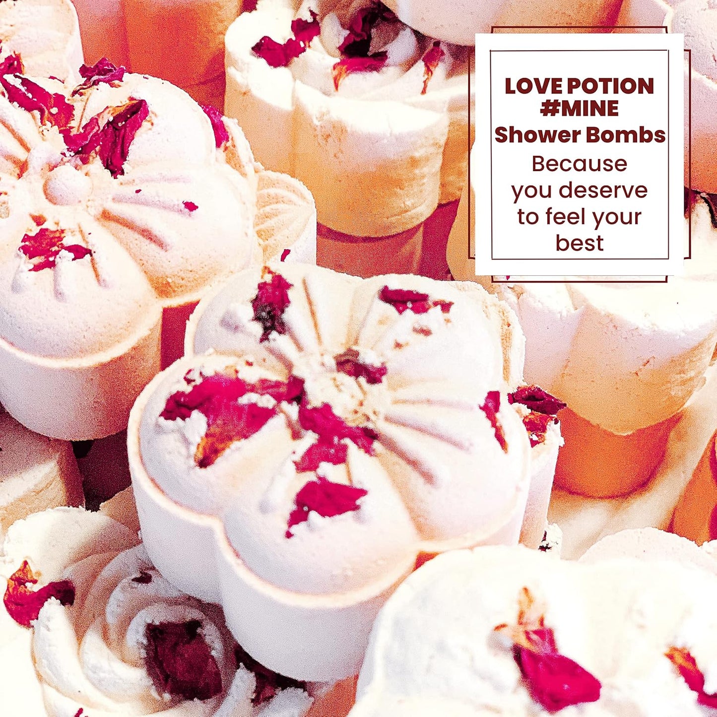 LOVE POTION #MINE Melting Shower Bombs w/Rose Petals (5PK) - Ylang Ylang, Jasmine, Vanilla Romance Essential Oil Blend – Christmas Gifts for Women – Self Care and Relaxation – Stress Relief