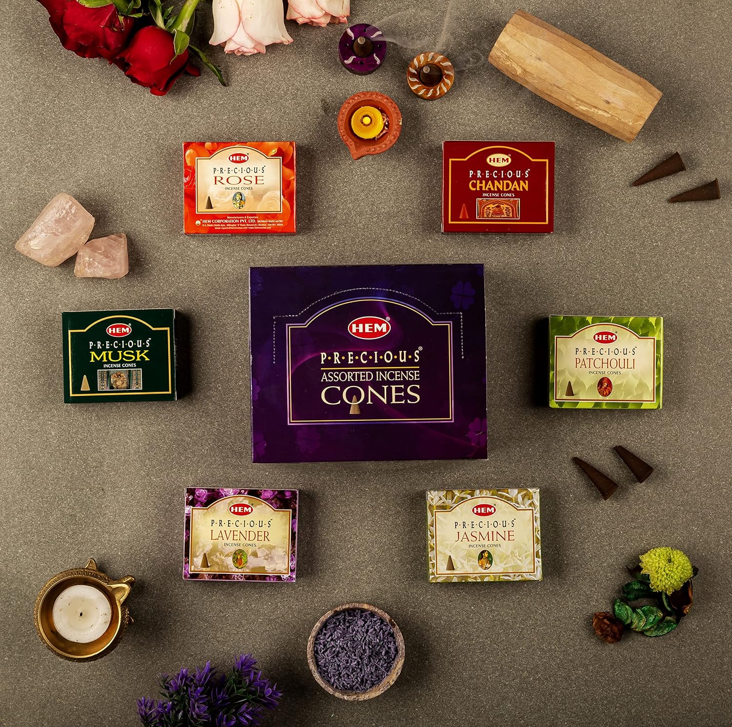 Precious Series Assortment of Six Scents - Total of 12 Boxes, 10 Cones Each - HEM Incense From India